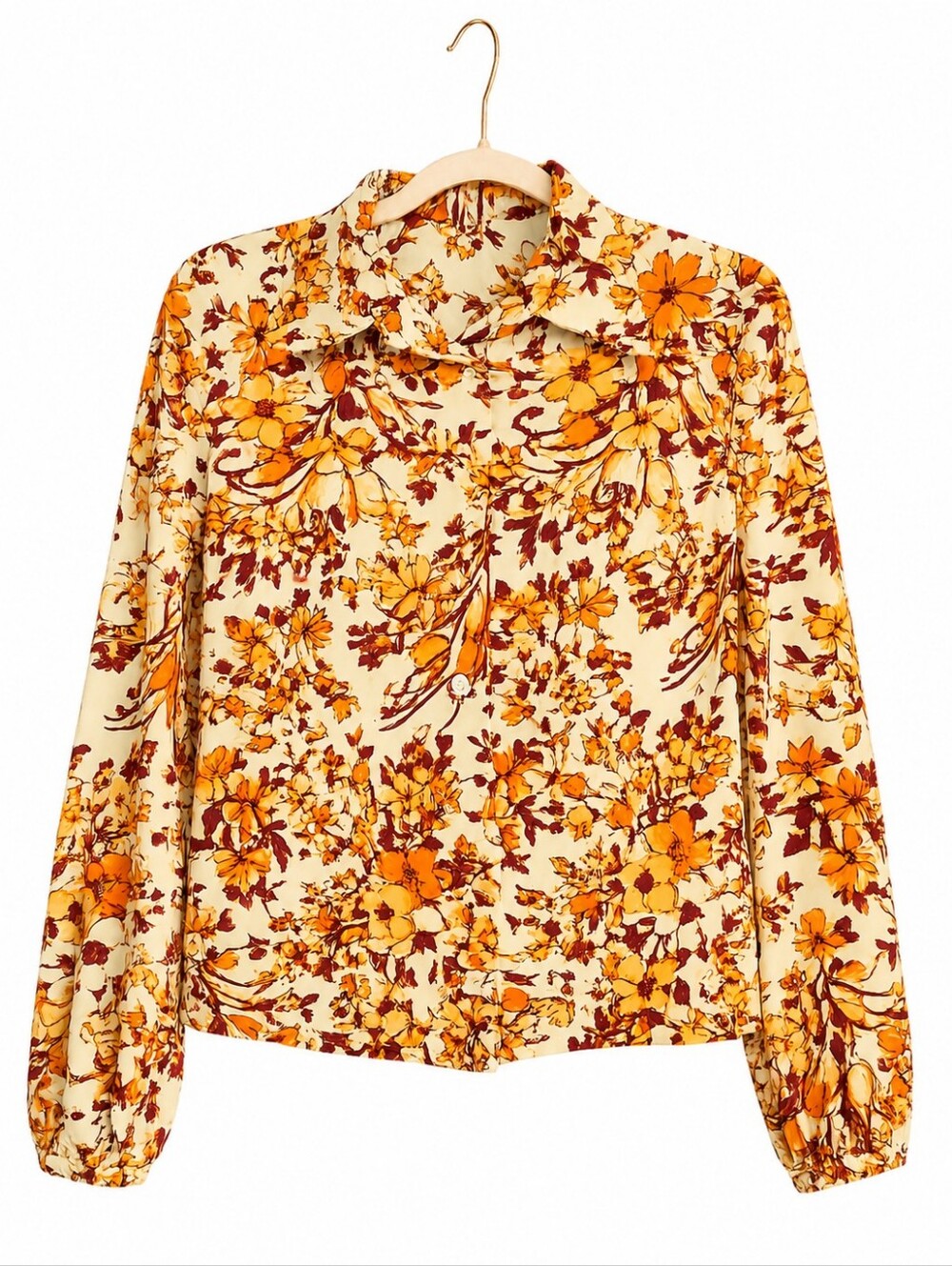 Floral Print Vintage Button Down Blouse In Cream, Orange, Rust, and Eggplant